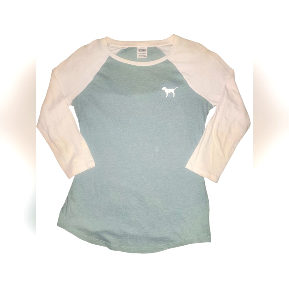VICTORIAS SECRET PINK Blue & White Baseball Raglan logo Tee - Womens Xsmall